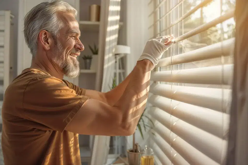 Man cleaning blinds