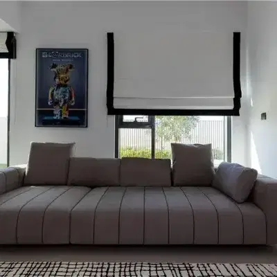 white and black roman blinds